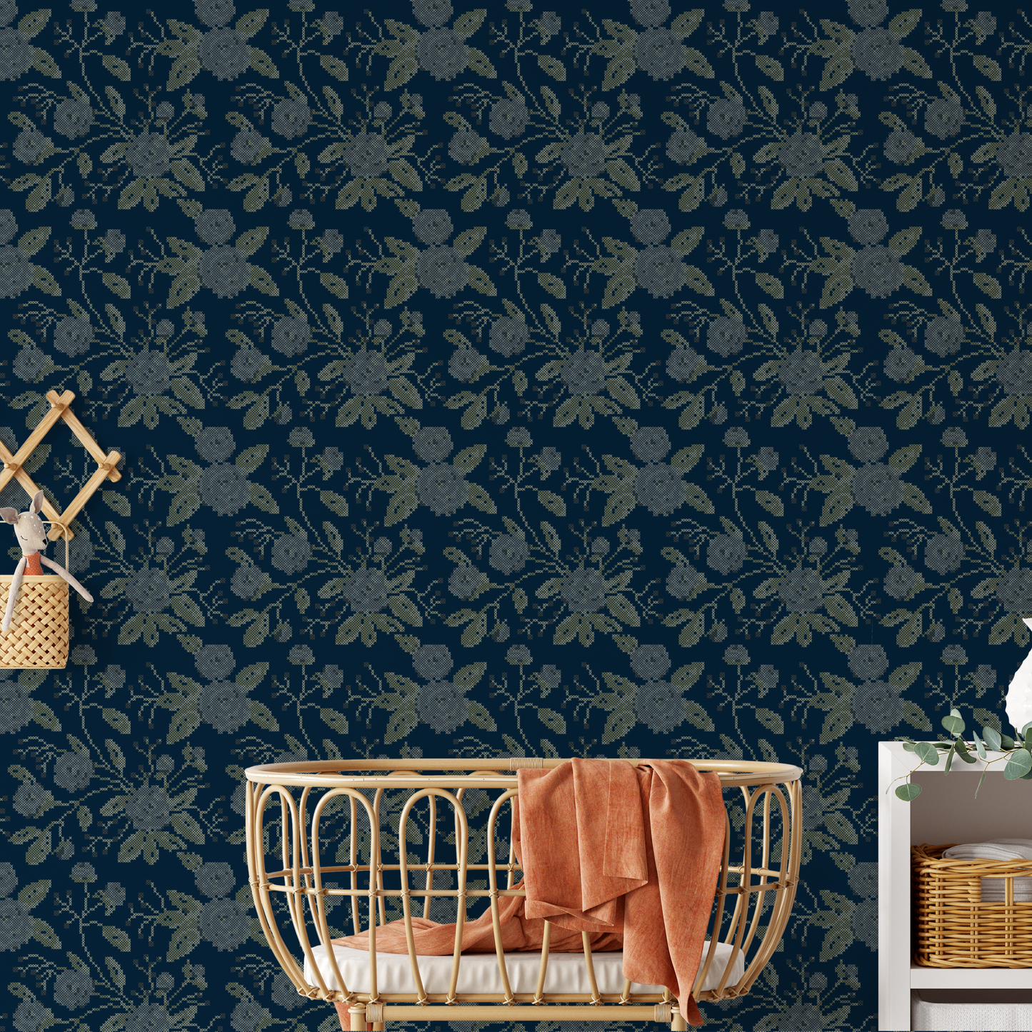 Cross Stitch Flowers Wallpaper - Navy