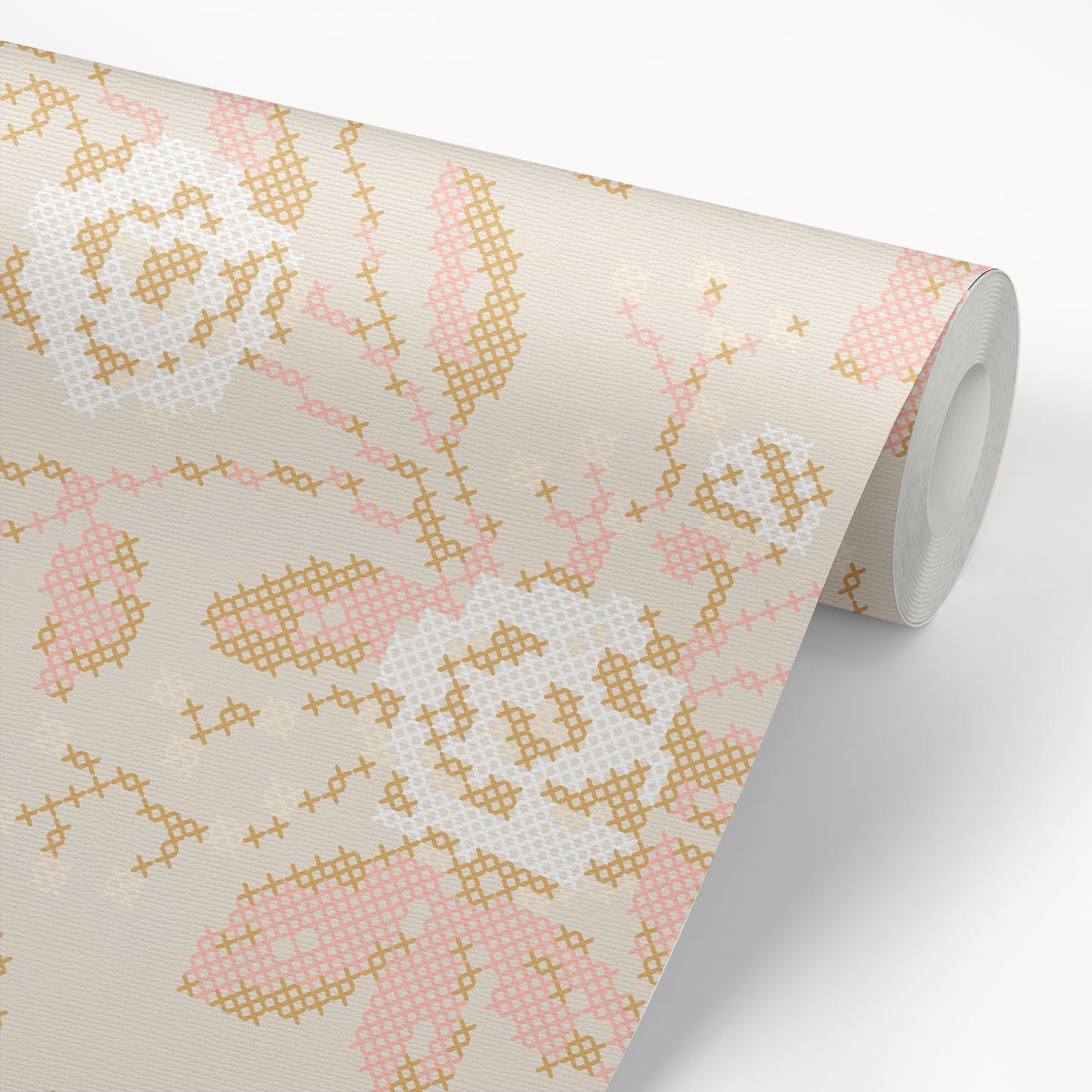 Cross Stitch Flowers Wallpaper - Tan