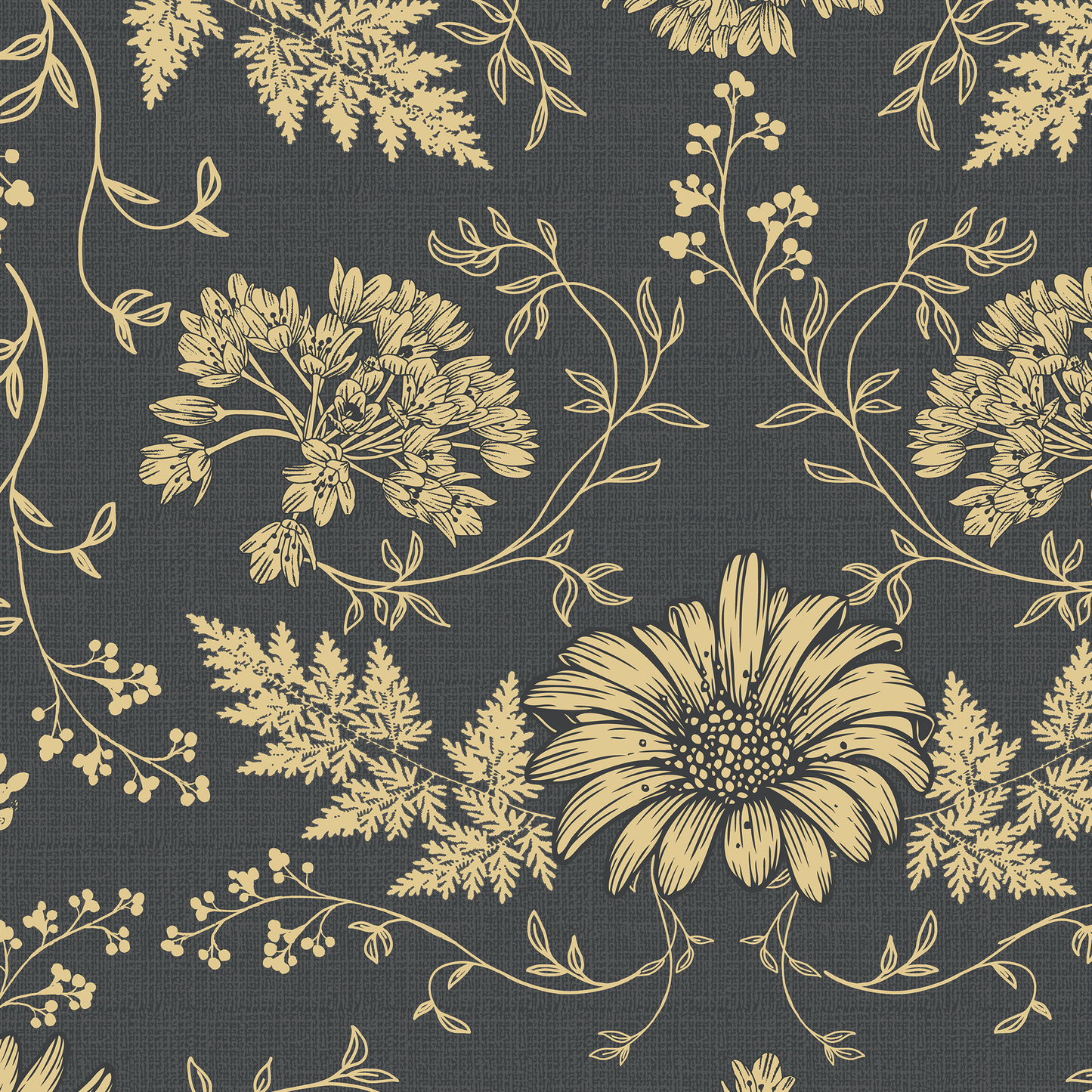 Toile Flowers Wallpaper - Black