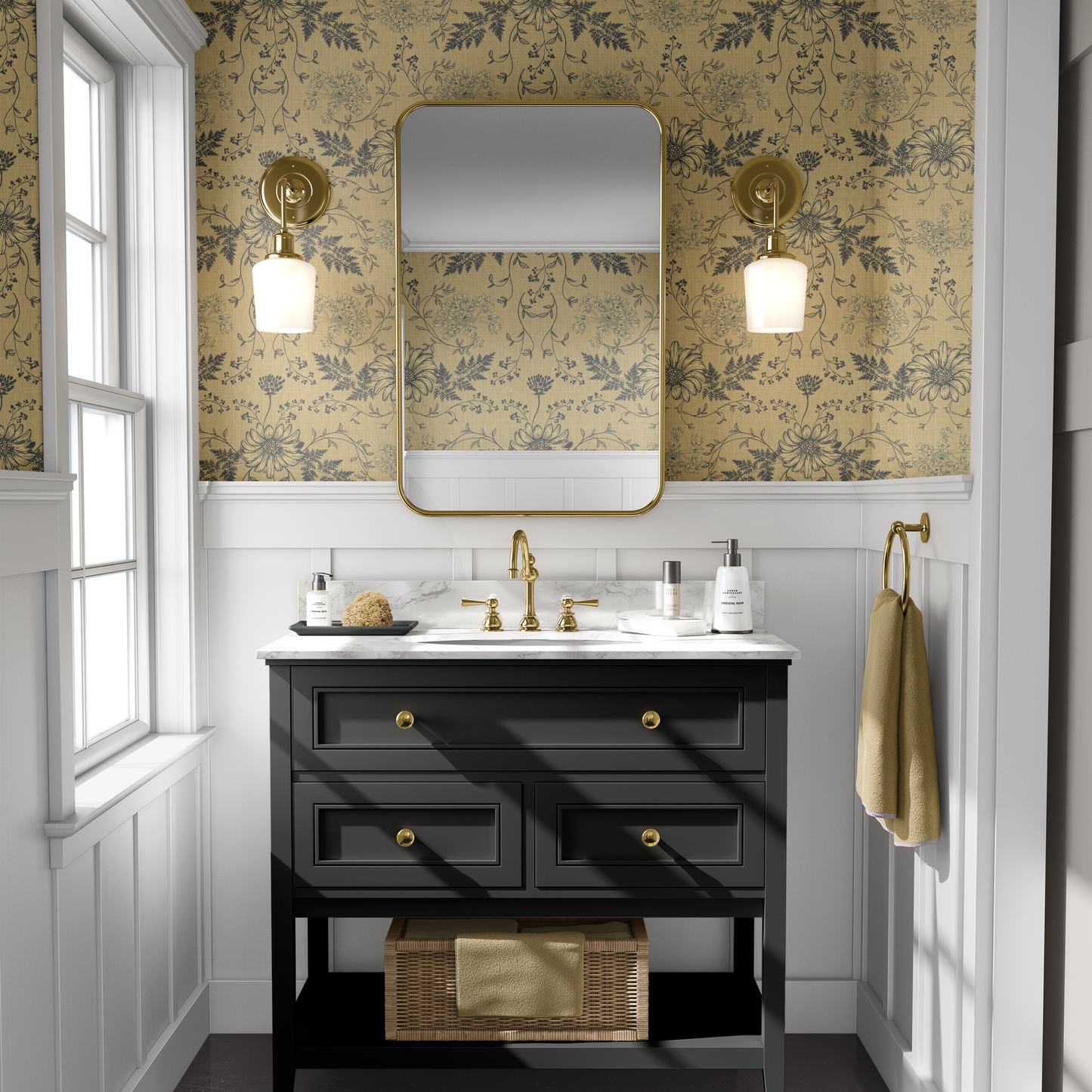 Toile Flowers Wallpaper - Gold