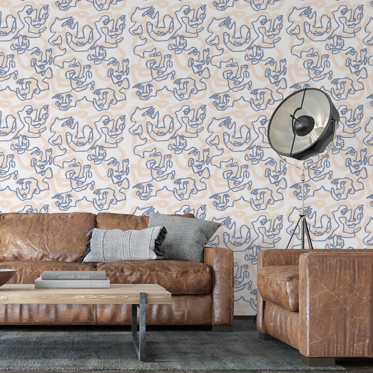 La Cara Wallpaper - Blue on Beige