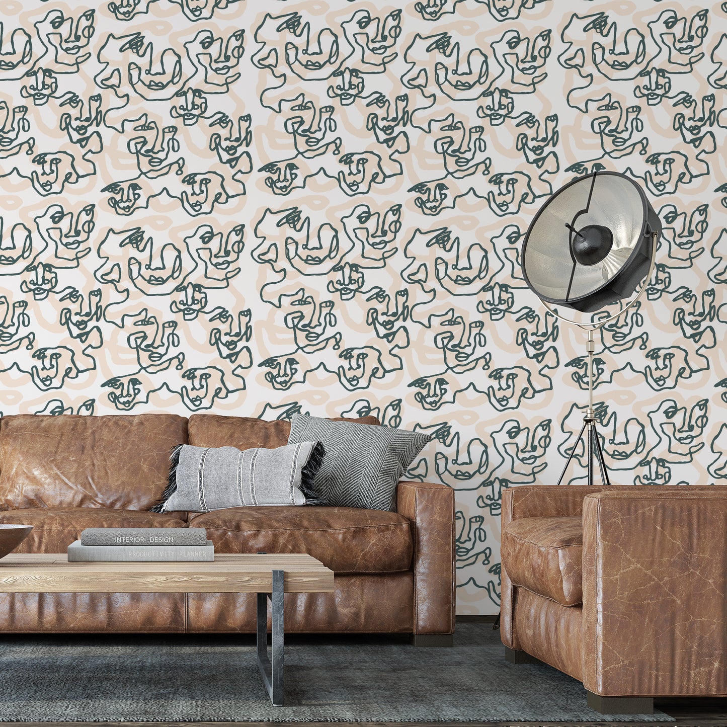 La Cara Wallpaper - Green on Beige