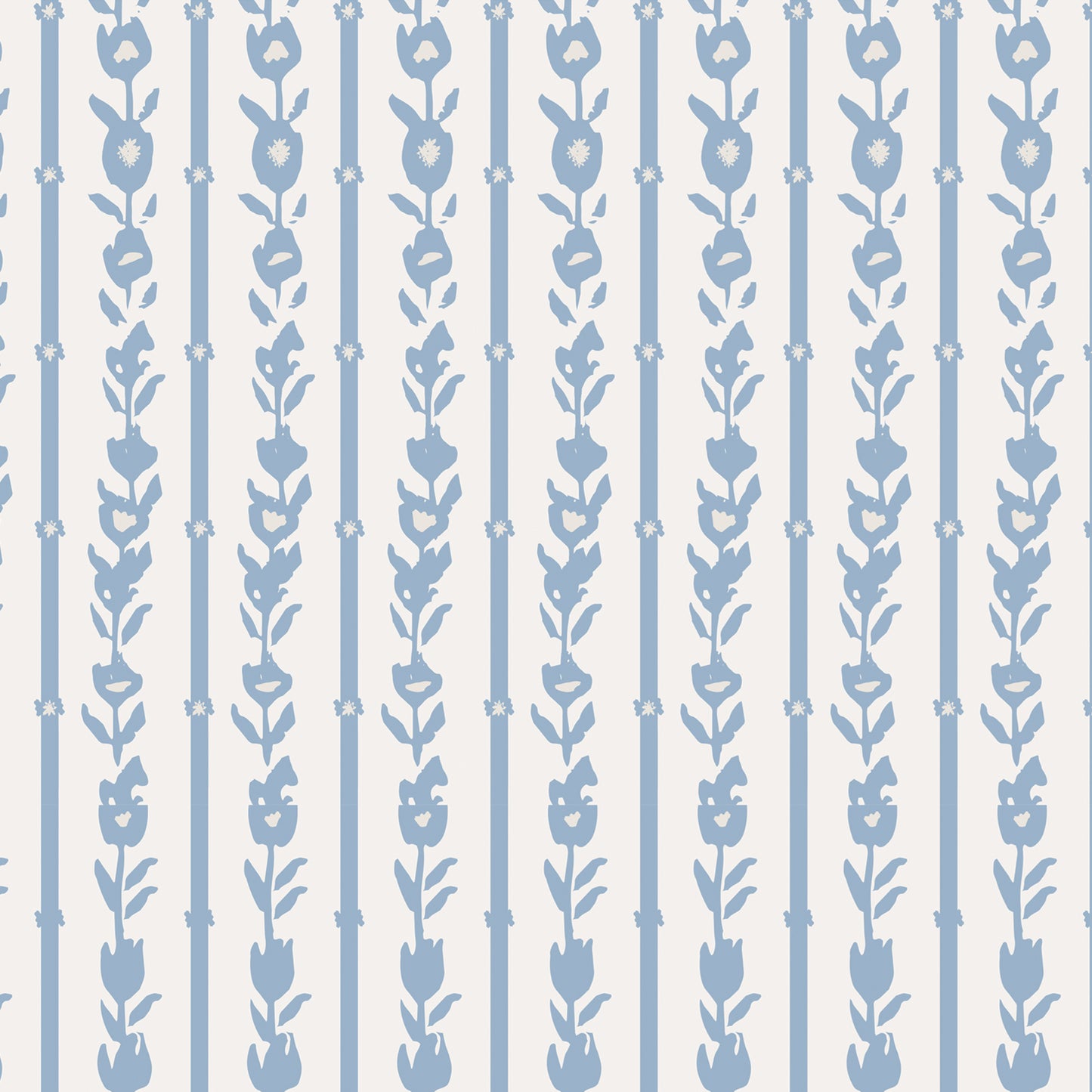Close up of our oversized floral and stripe Esme peel and stick wallpaper in light blue, grey, and off white by Jackie O'Bosky.