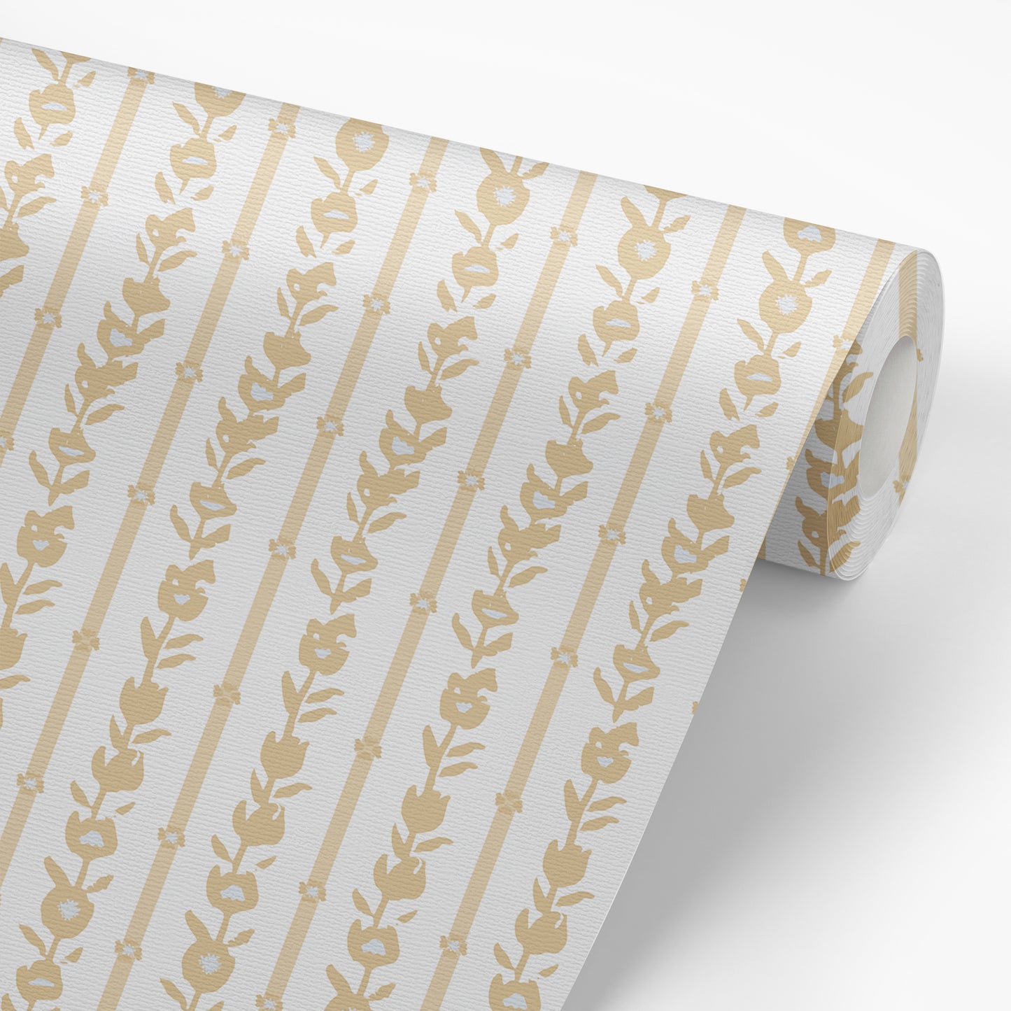 Wallpaper panel featuring our oversized floral and stripe Esme peel and stick wallpaper in light yellow, grey, and cream by Jackie O'Bosky.