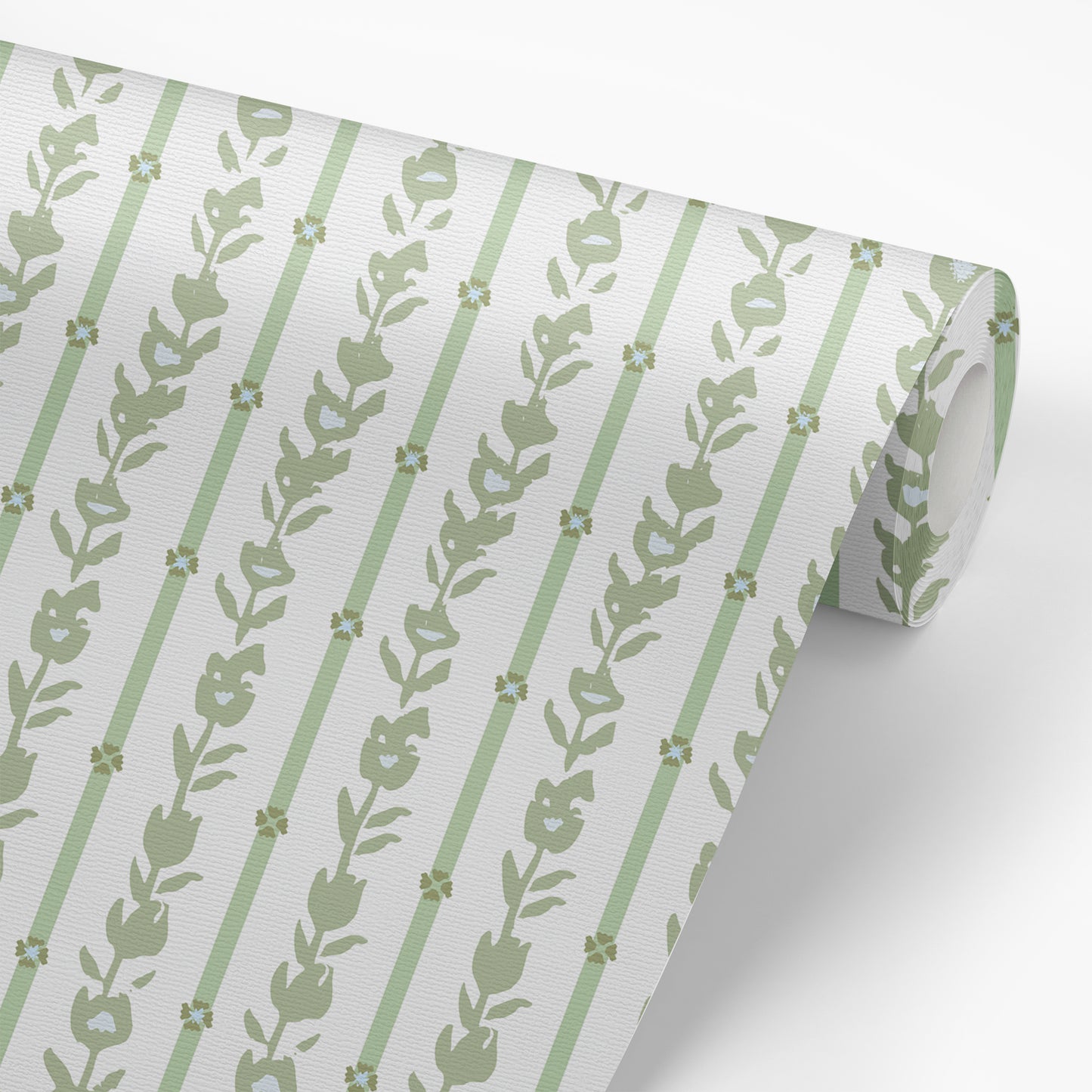 Wallpaper panel featuring our oversized floral and stripe Esme peel and stick wallpaper in green, blue, and white by Jackie O'Bosky.
