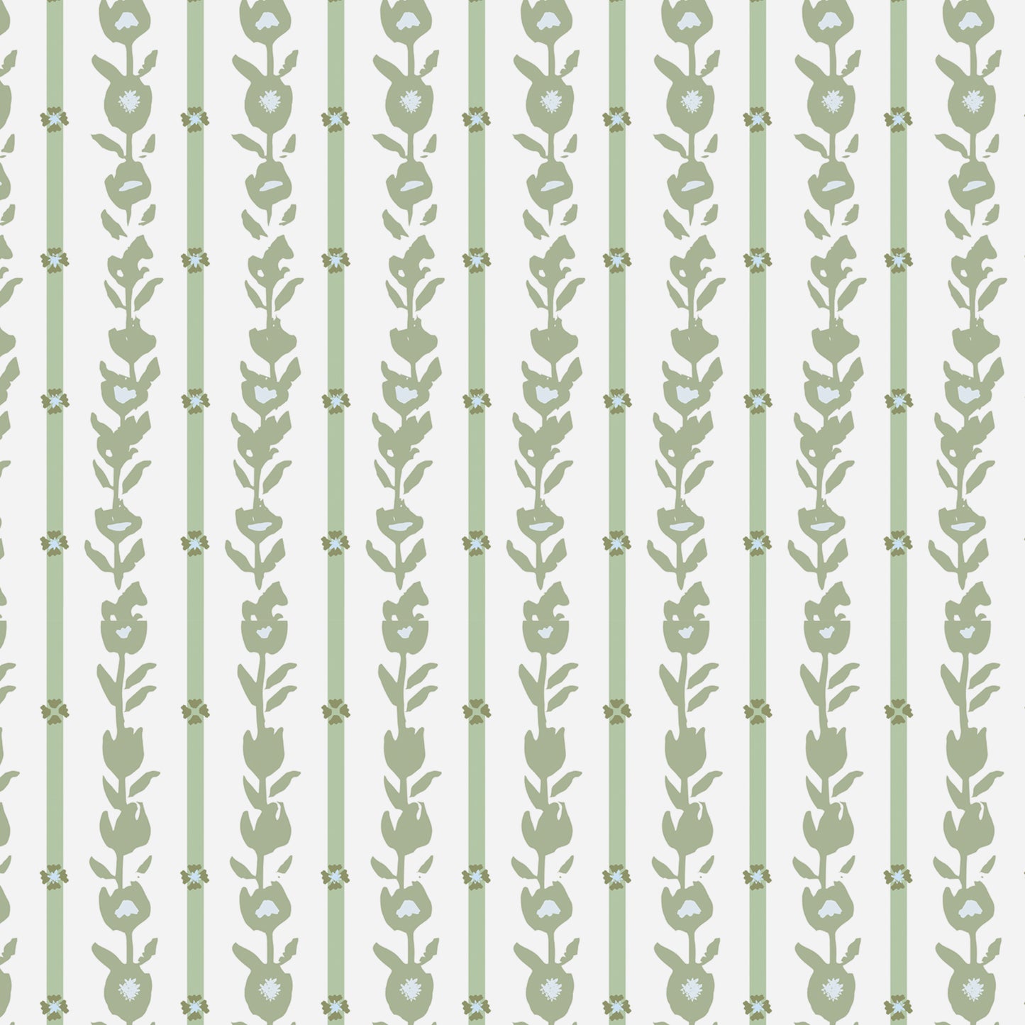 Close up of our oversized floral and stripe Esme peel and stick wallpaper in green, blue, and white by Jackie O'Bosky.