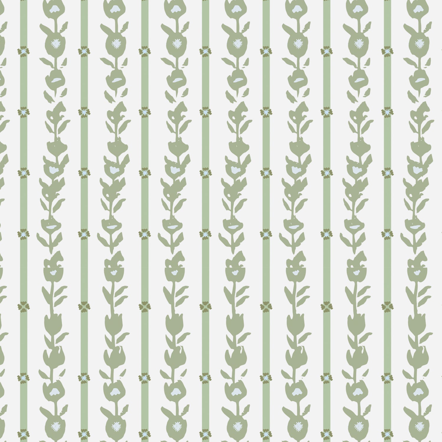 Close up of our oversized floral and stripe Esme peel and stick wallpaper in green, blue, and white by Jackie O'Bosky.
