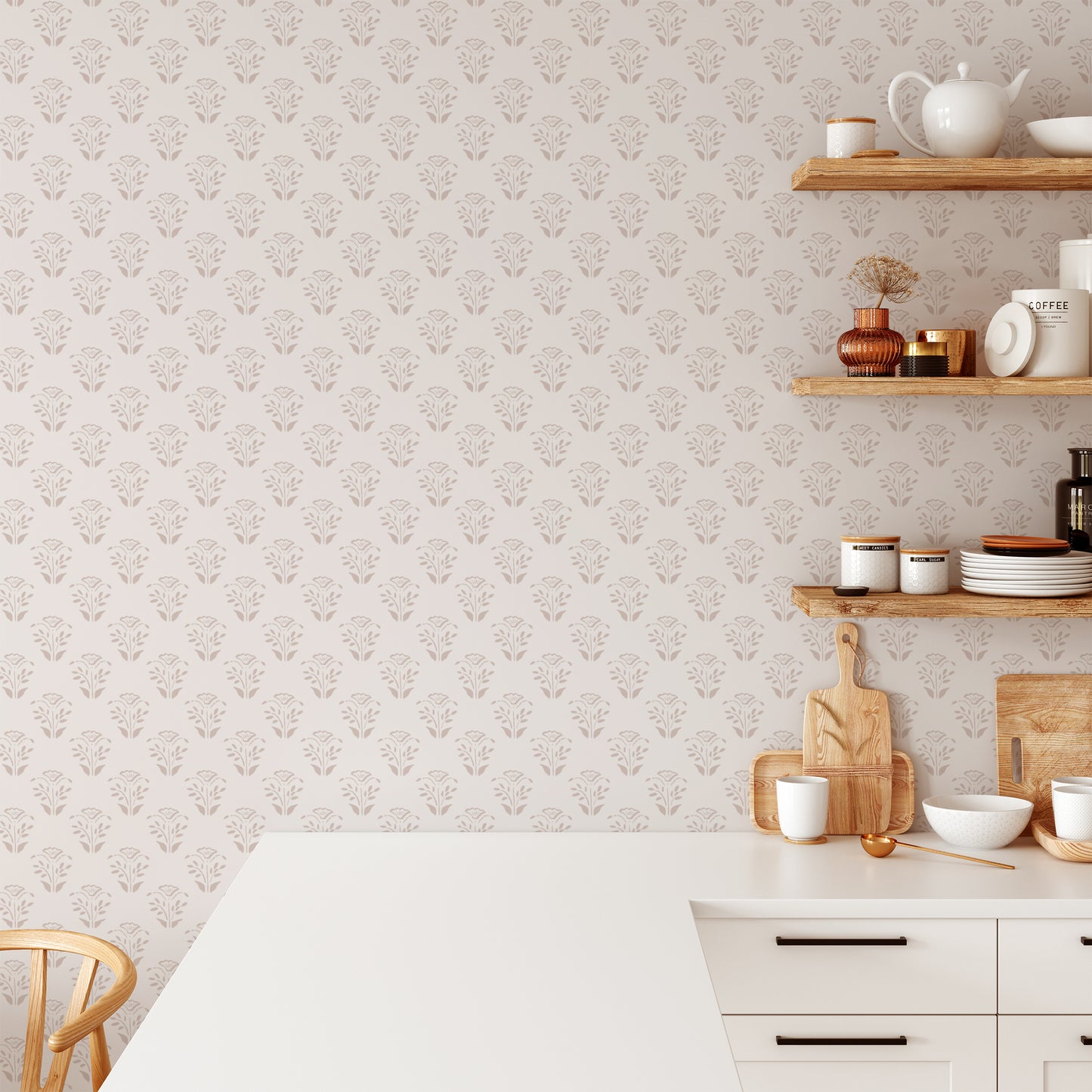 Kitchen wall featuring the Lulu Peel and Stick Wallpaper in bone by Jackie O'Bosky. Floral motifs placed symettrically in neutral taupe and bone colors.