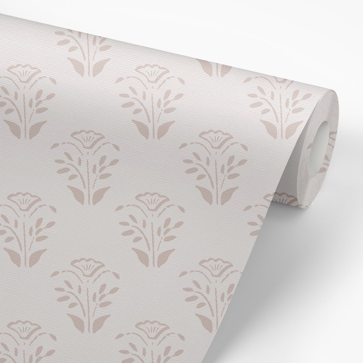 Wallpaper panel featuring the Lulu Peel and Stick Wallpaper in bone by Jackie O'Bosky. Floral motifs placed symettrically in neutral taupe and bone colors.