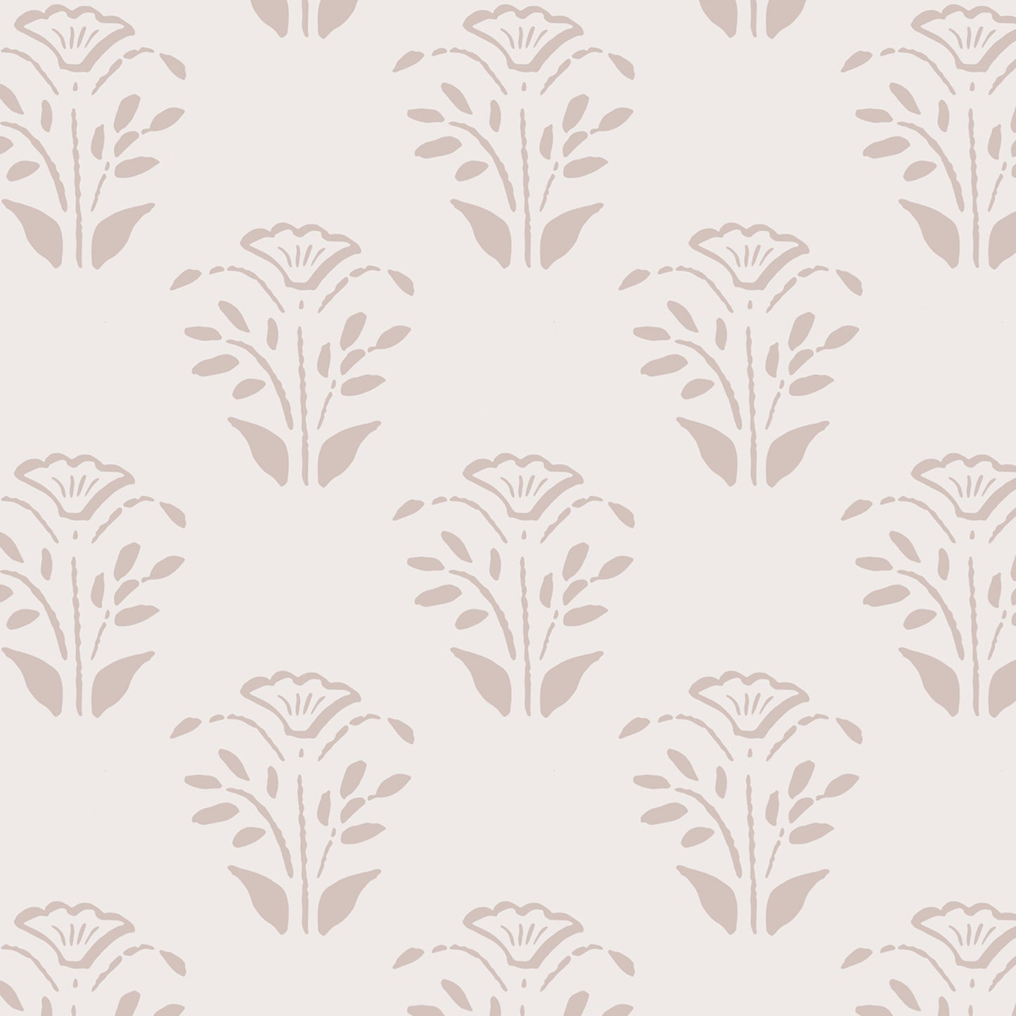 Close up of the Lulu Peel and Stick Wallpaper in bone by Jackie O'Bosky. Floral motifs placed symettrically in neutral taupe and bone colors.