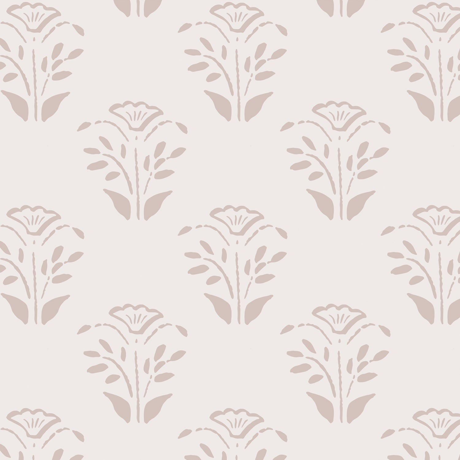 Close up of the Lulu Peel and Stick Wallpaper in bone by Jackie O'Bosky. Floral motifs placed symettrically in neutral taupe and bone colors.
