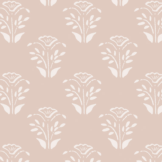Close up of our Lulu Peel and Stick Wallpaper in Nude by Jackie O'Bosky. Hand drawn floral motifs in white on a nude background.