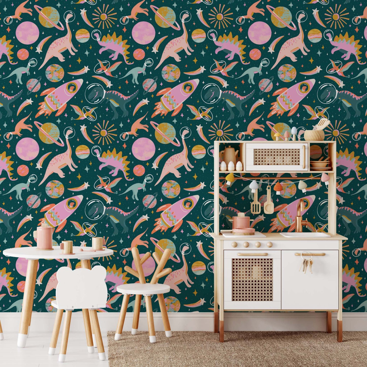 Bedroom featuring Iris + Sea Space Dinos- Dark Multi a dinosaur pattern