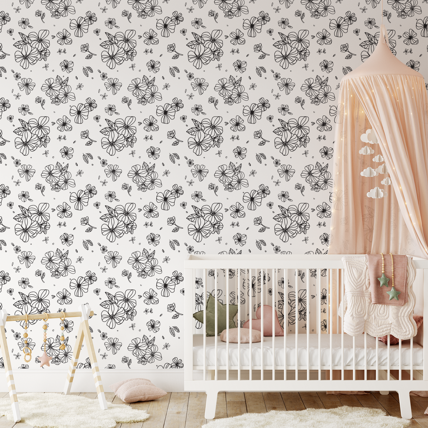 Stenciled Flowers Wallpaper - Black