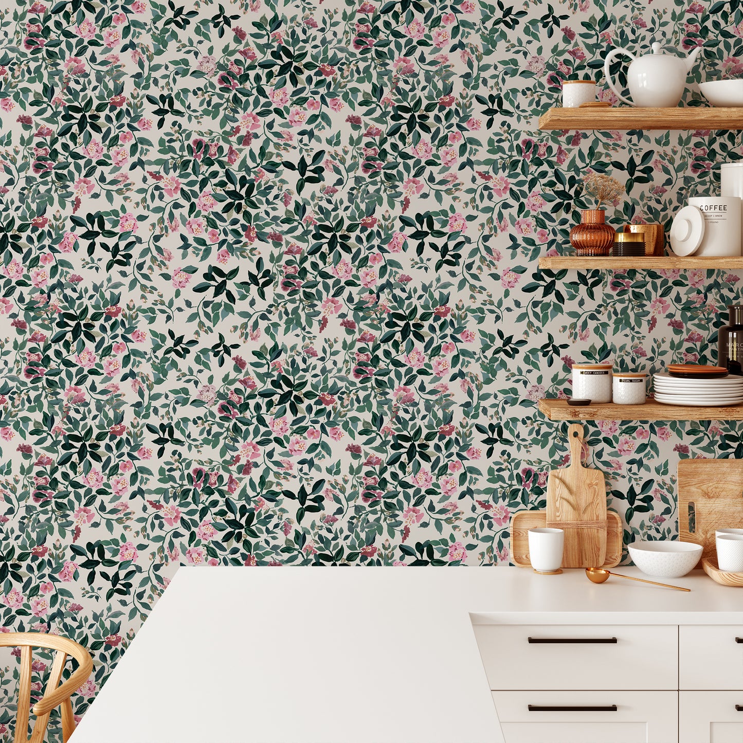 Kitchen featuring Jackie O'Bosky's Camiella Peel and Stick Wallpaper - a floral pattern