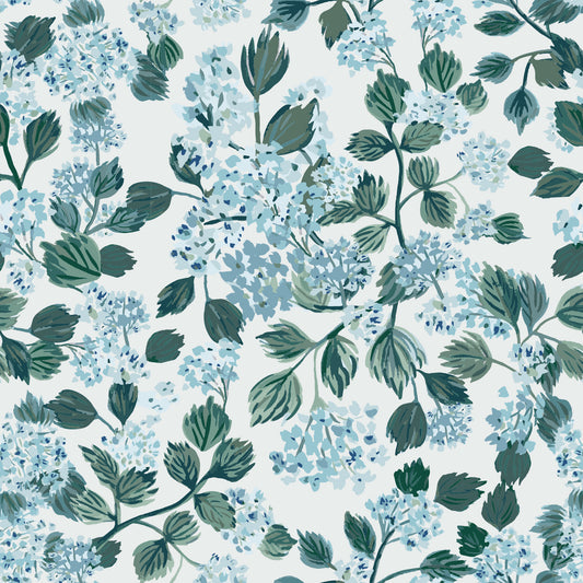 Detailed blue florals with green leaves design on a quality peel-and-stick wallpaper