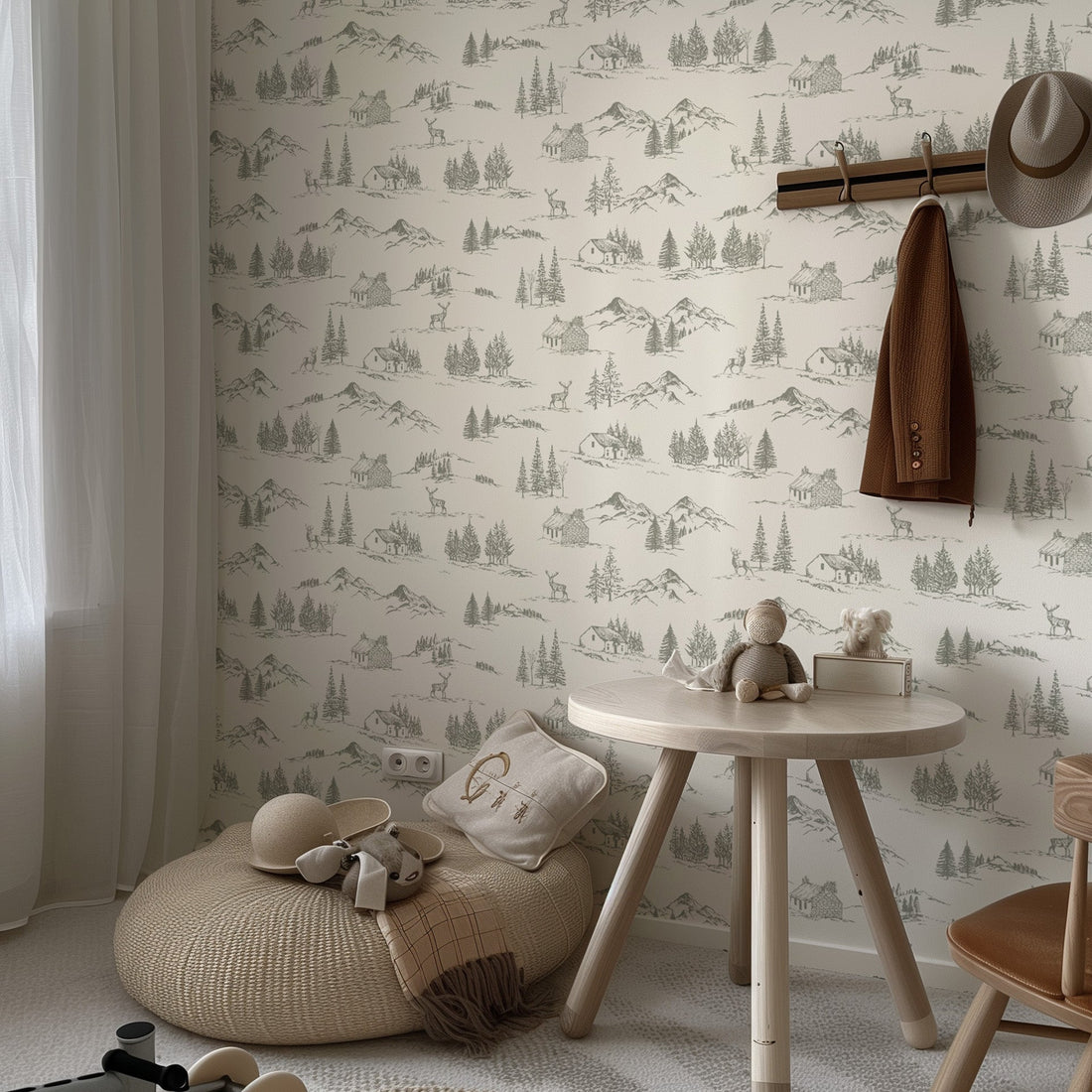 Winter Valley Toile Wallpaper in Soft Sage showing wintery shelf backing design