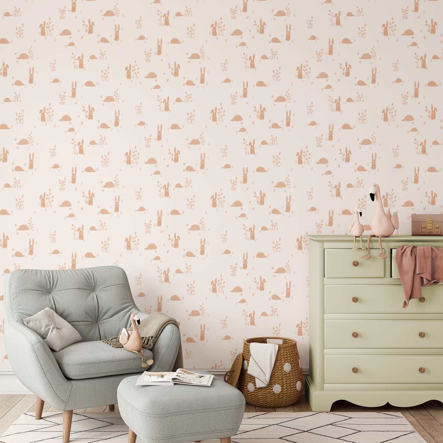 Hedgehogs and Rabbits Wallpaper in Apricot shown in a nursery.