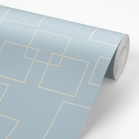 Modern Squares Wallpaper in Blue shown on a wallpaper roll.