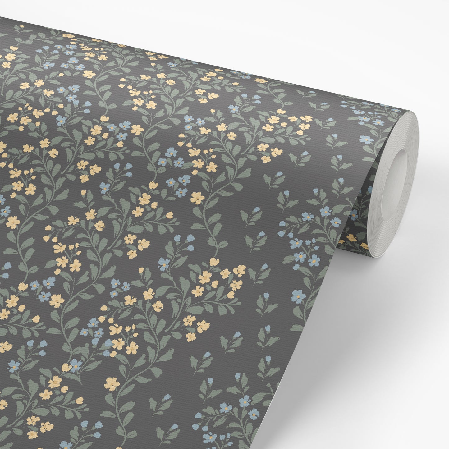 Abigail Wallpaper in Yellow Flowers shown on a wallpaper roll. 