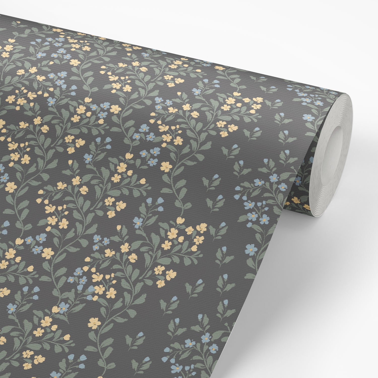 Abigail Wallpaper in Yellow Flowers shown on a wallpaper roll. 