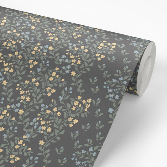 Abigail Wallpaper in Yellow Flowers shown on a wallpaper roll.