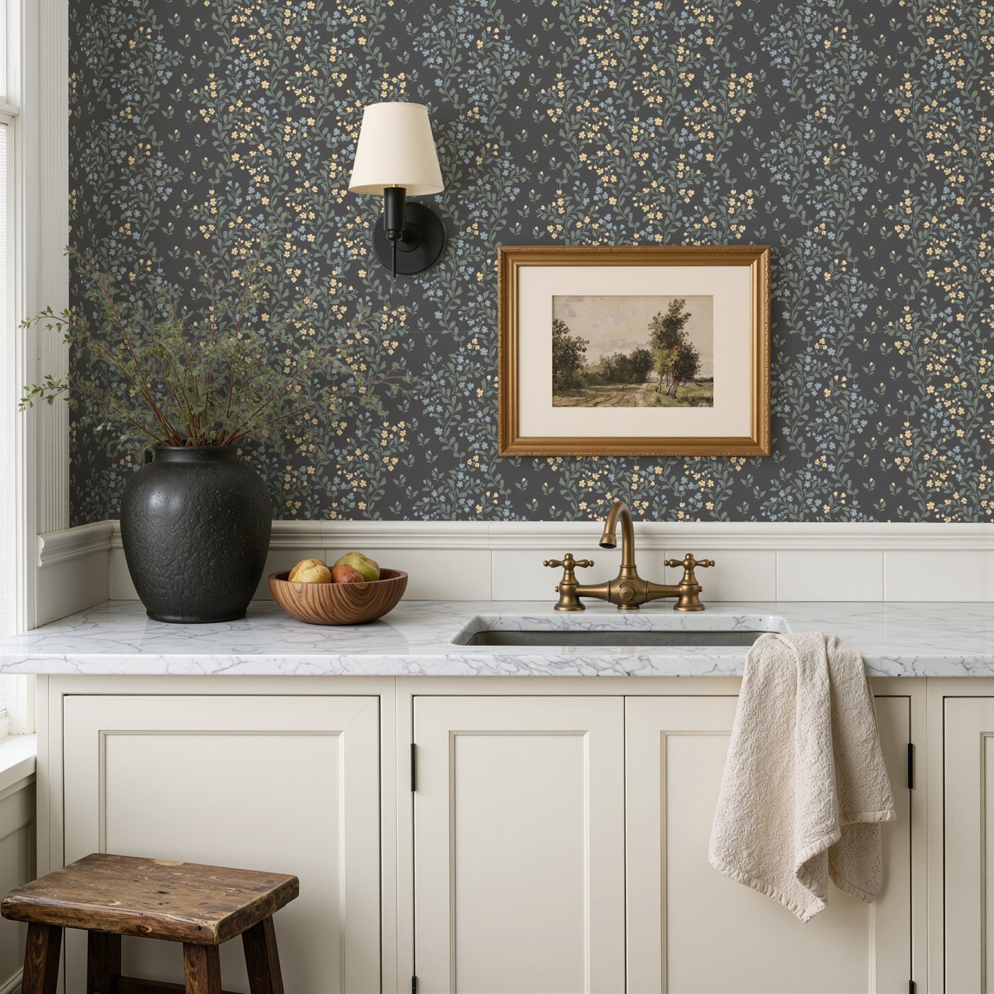 Abigail Wallpaper in Yellow Flowers shown in a washroom. 