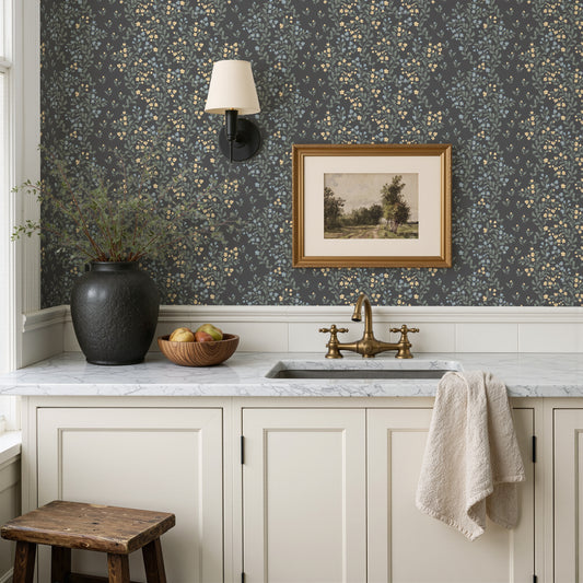 Abigail Wallpaper in Yellow Flowers shown in a washroom. 