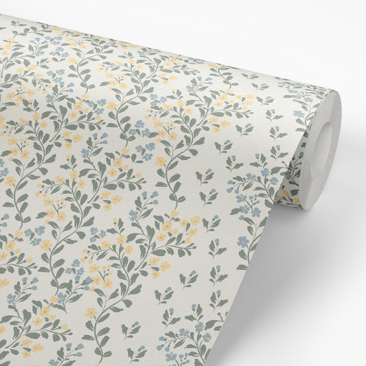 Abigail Wallpaper in Yellow shown on a wallpaper roll.
