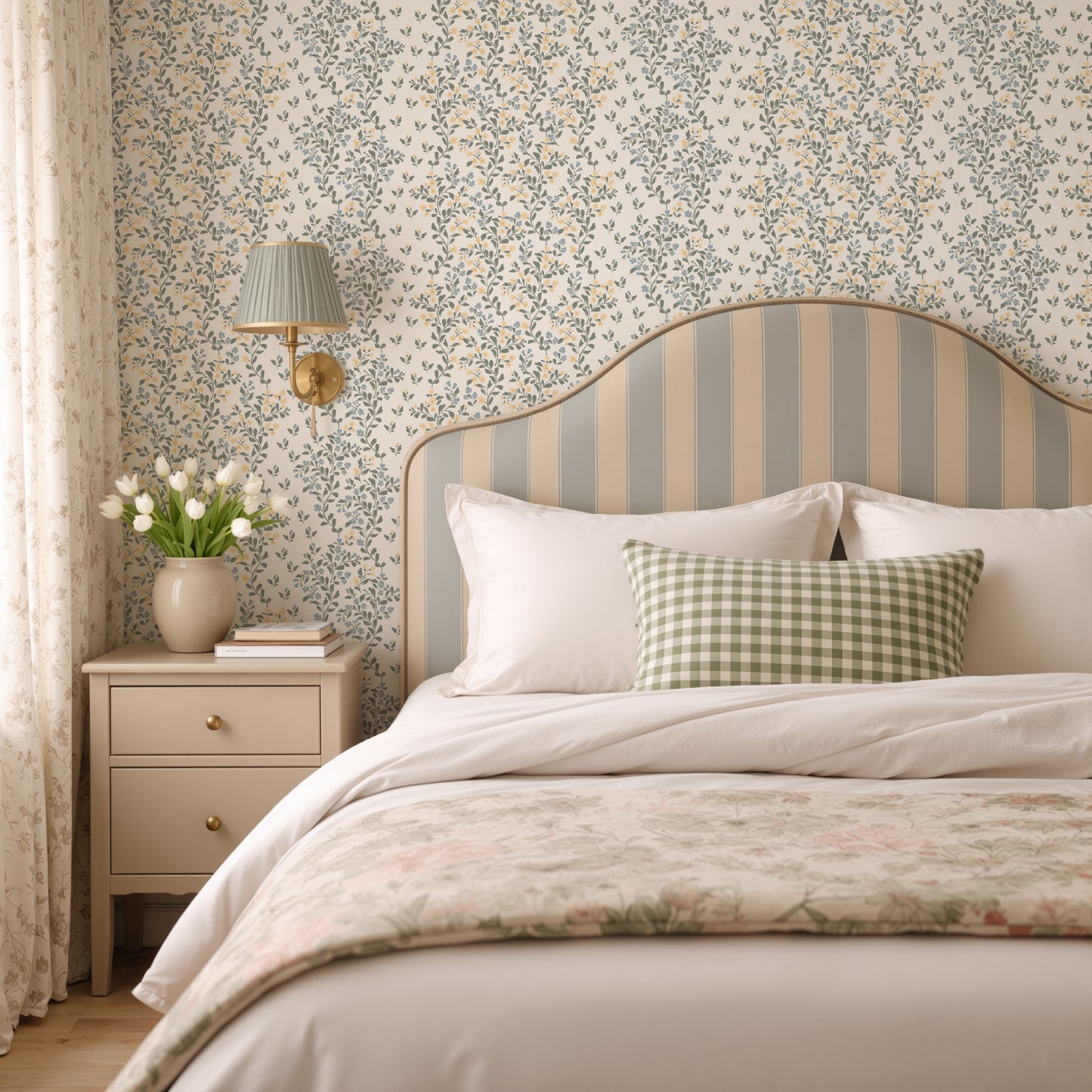 Abigail Wallpaper in Yellow shown in a bedroom.