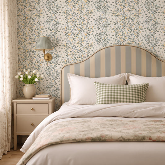 Abigail Wallpaper in Yellow shown in a bedroom.