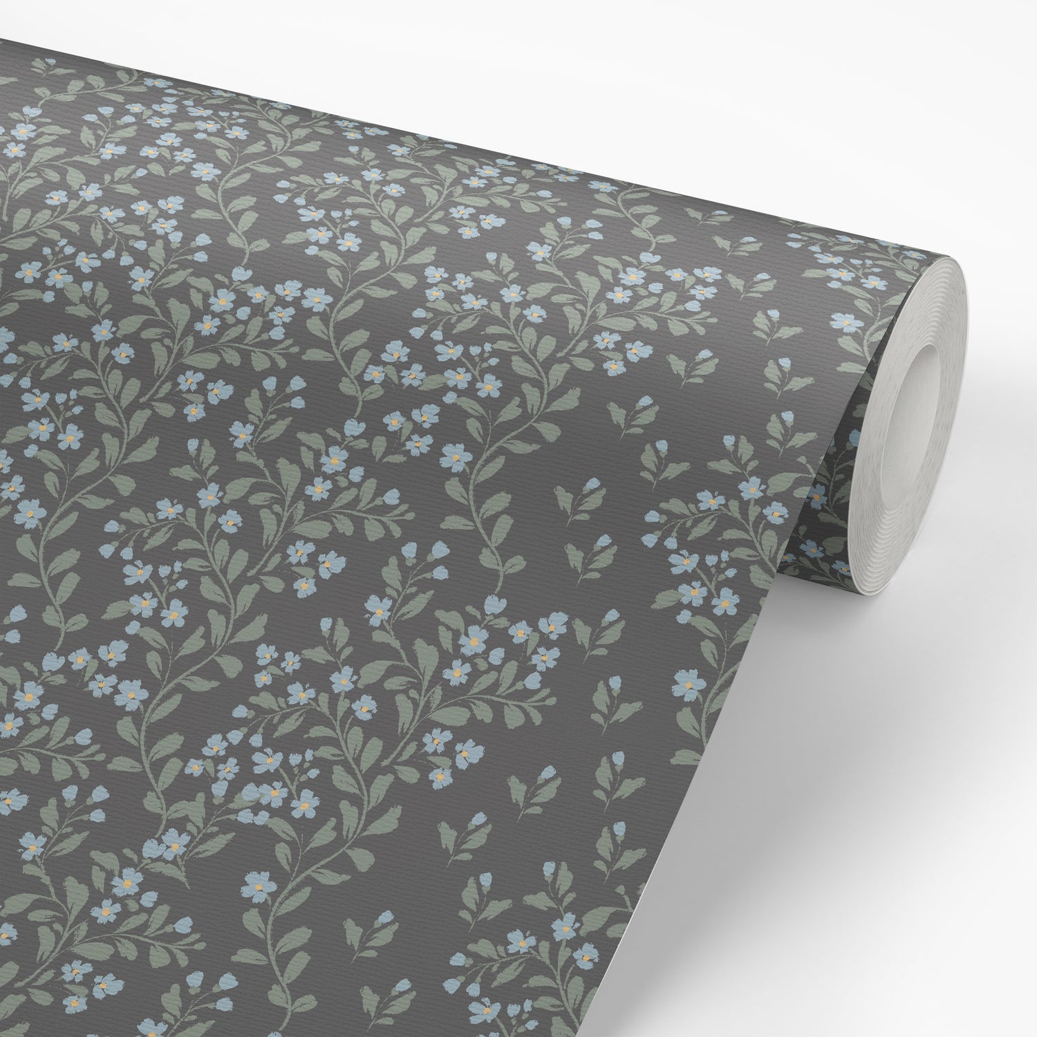 Abigail Wallpaper in Blue Flowers shown on a wallpaper roll.