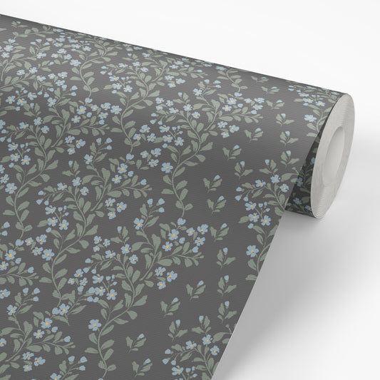 Abigail Wallpaper in Blue Flowers shown on a wallpaper roll.