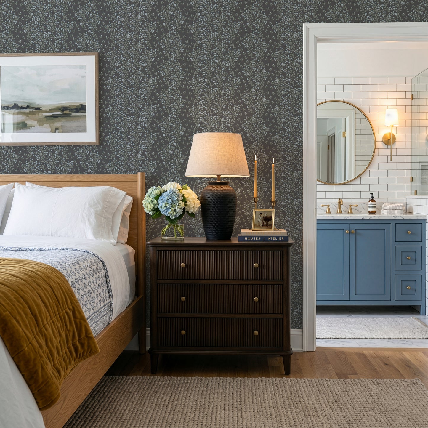 Abigail Wallpaper in Blue Flowers shown in a bedroom.