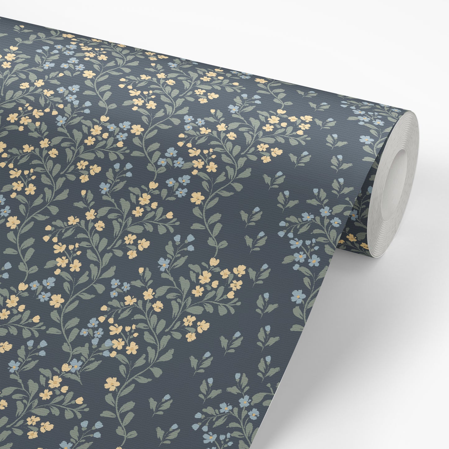 Abigail Wallpaper in Navy and Yellow shown on a wallpaper roll.