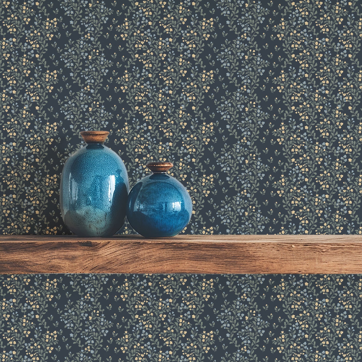 Abigail Wallpaper in Navy and Yellow shown behind a shelf.