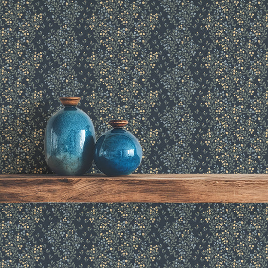 Abigail Wallpaper in Navy and Yellow shown behind a shelf.