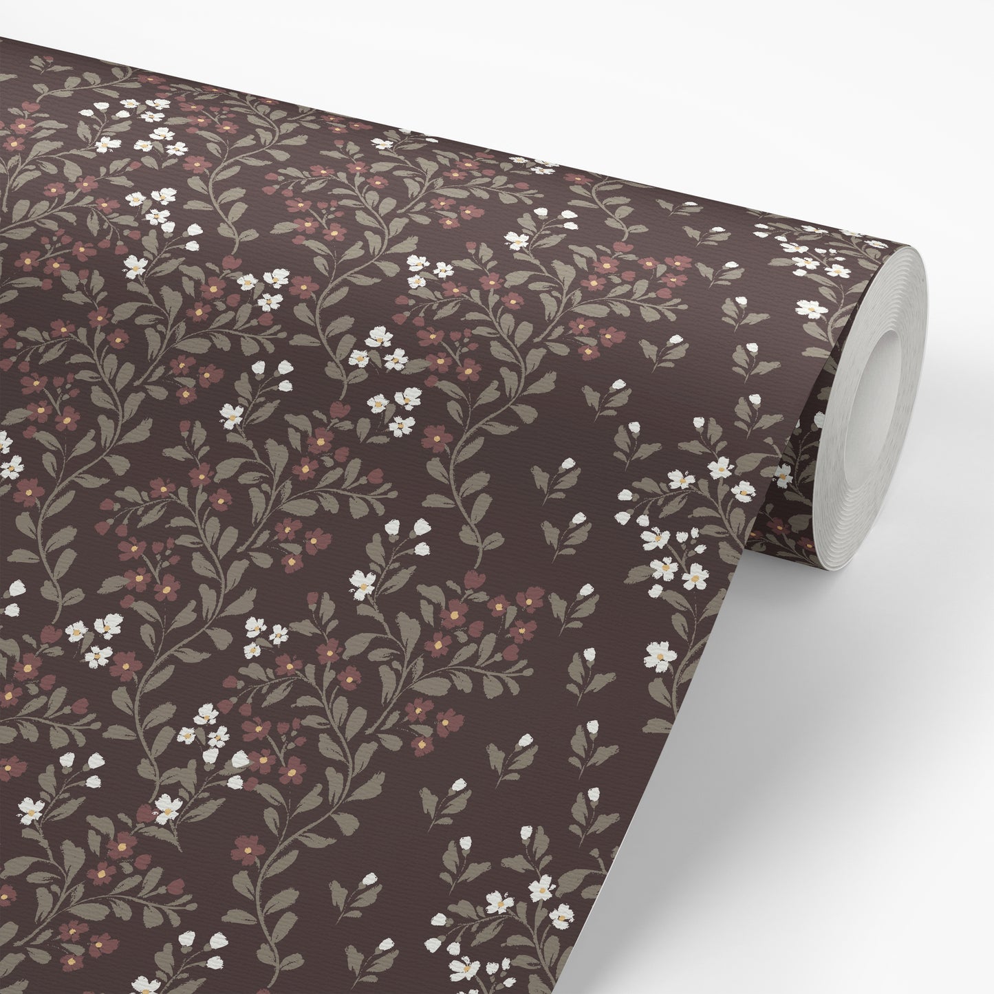 Abigail Wallpaper in Burgundy shown on a wallpaper roll.