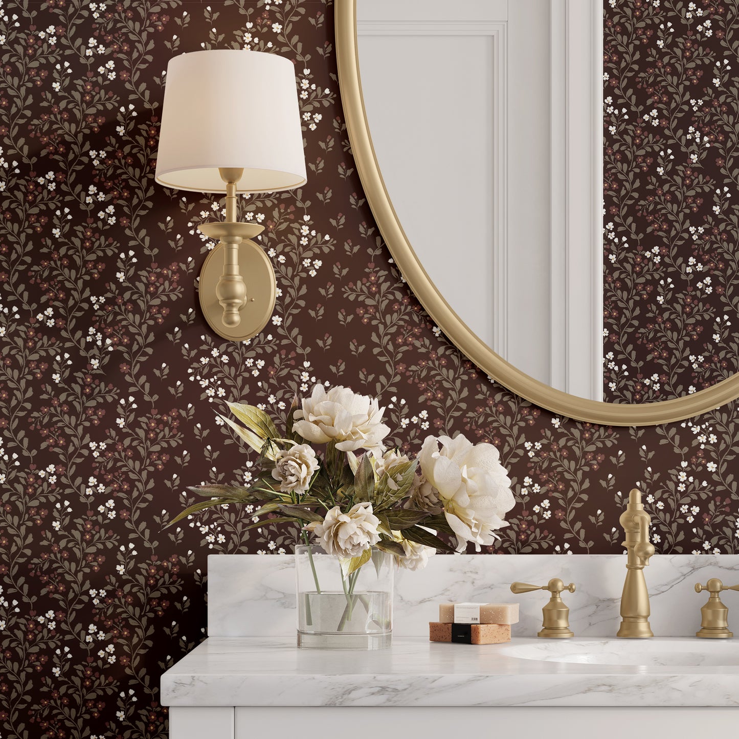 Abigail Wallpaper in Burgundy shown in a washroom.