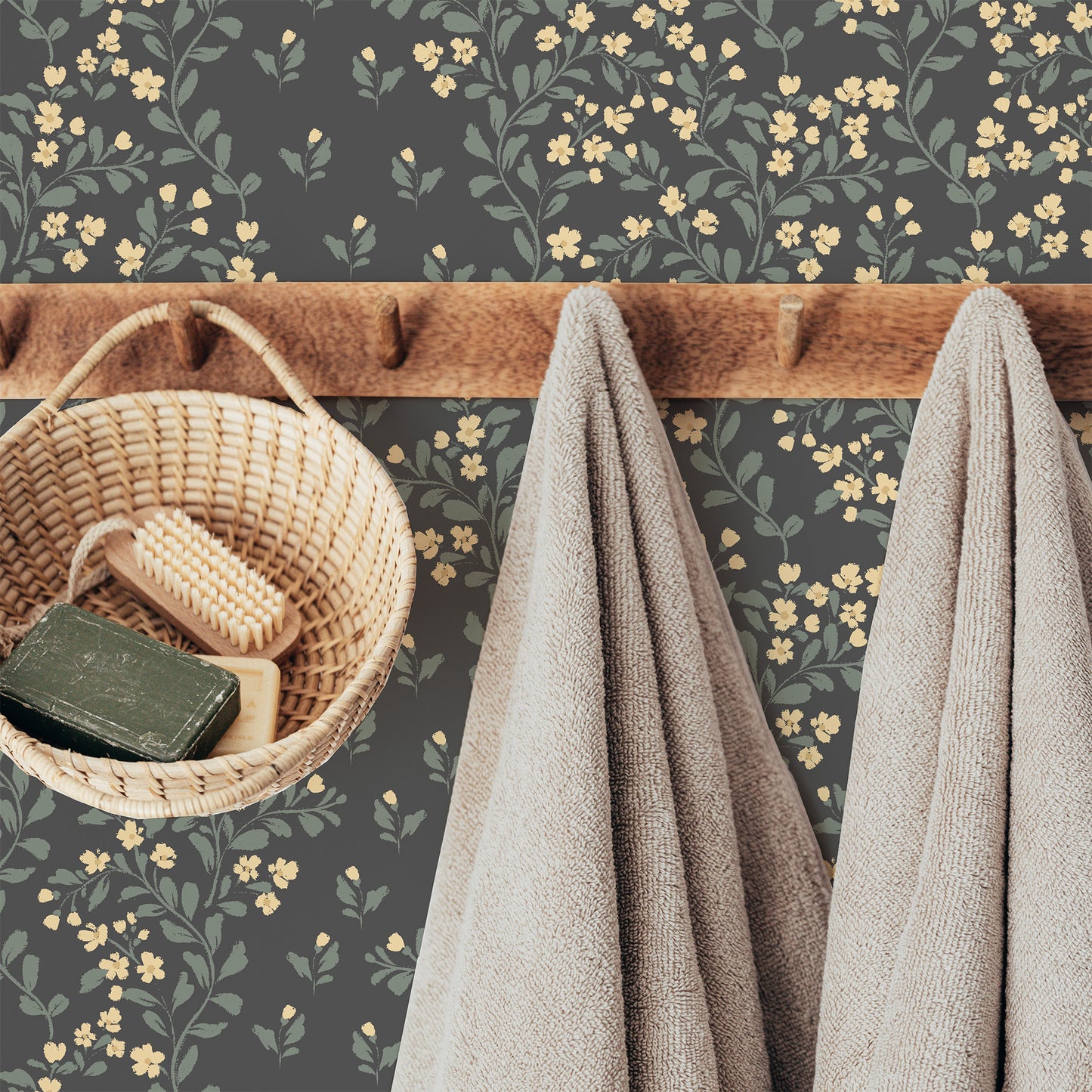 Abigail Wallpaper - Yellow Flowers on Gray Blue