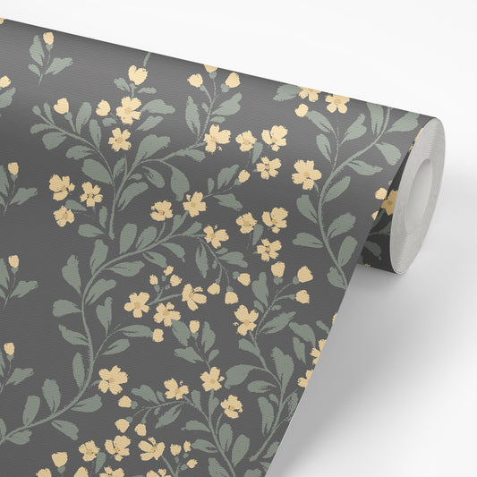 Abigail Wallpaper - Yellow Flowers on Gray Blue