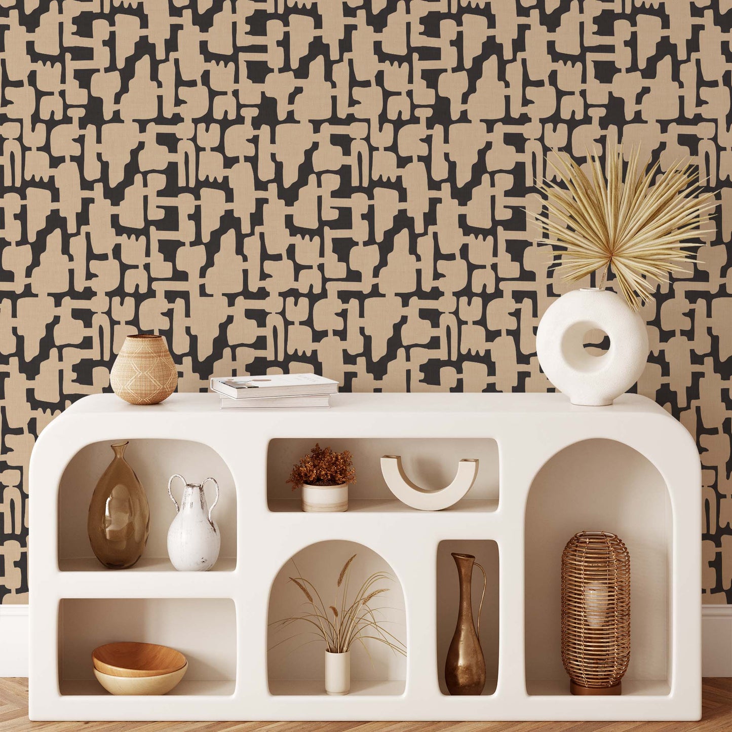 Living room preview of Abstract Shapes Wallpaper in Beige on Charcoal.