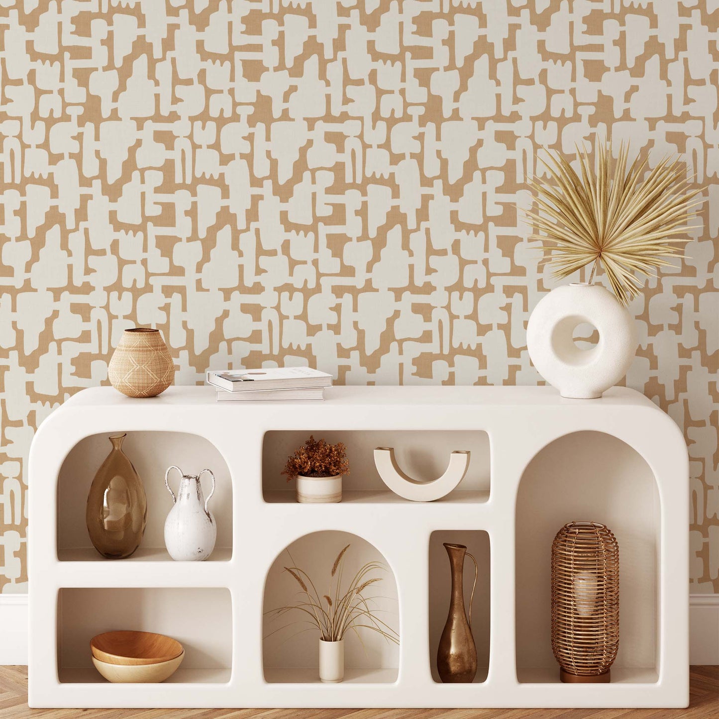 Living room preview of Abstract Shapes Peel and Stick Wallpaper in Beige and Cream.
