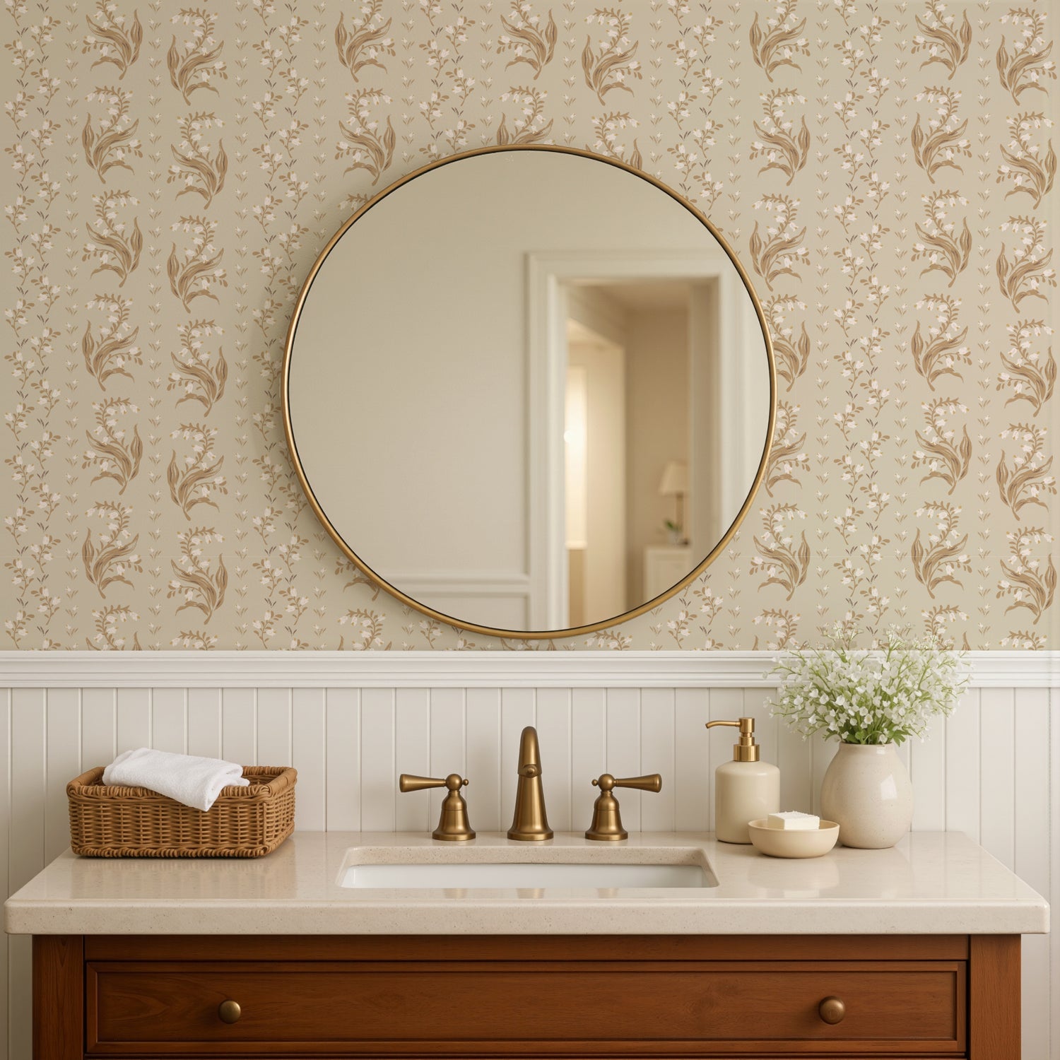 Agnes Wallpaper in Earth shown in a washroom.