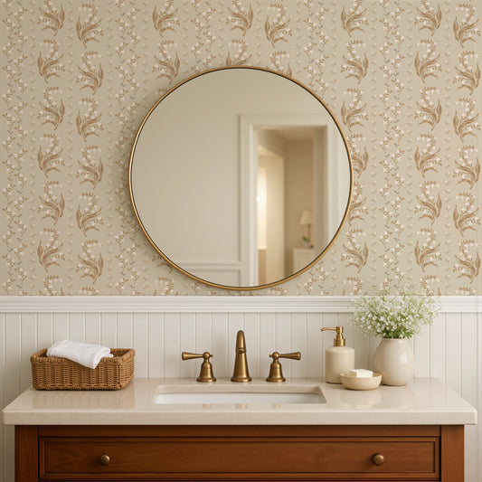 Agnes Wallpaper in Earth shown in a washroom.