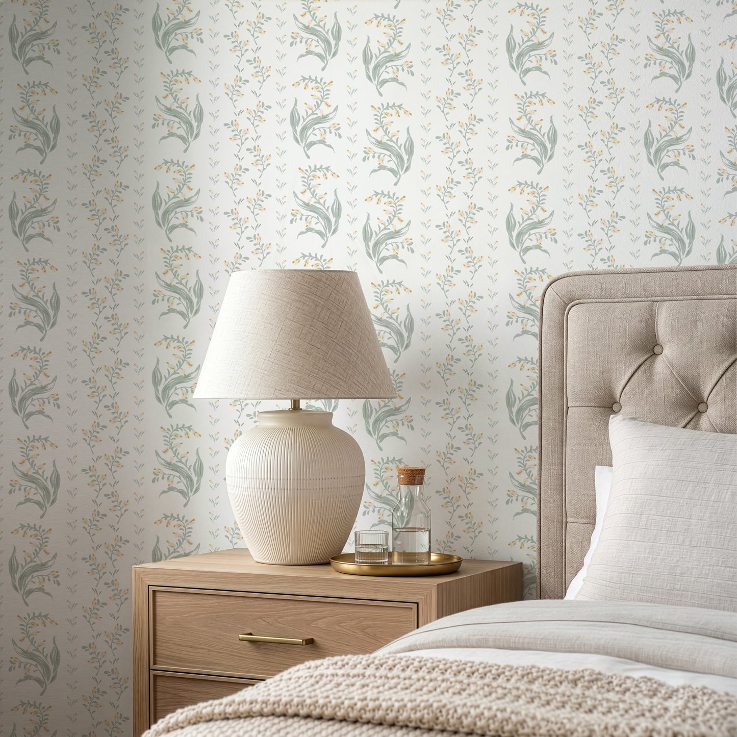 Agnes Wallpaper in Sun shown in a bedroom.