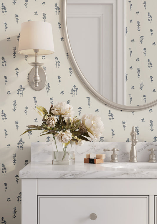 Preview of Alpine Wildflowers Wallpaper in Blue in a bathroom.