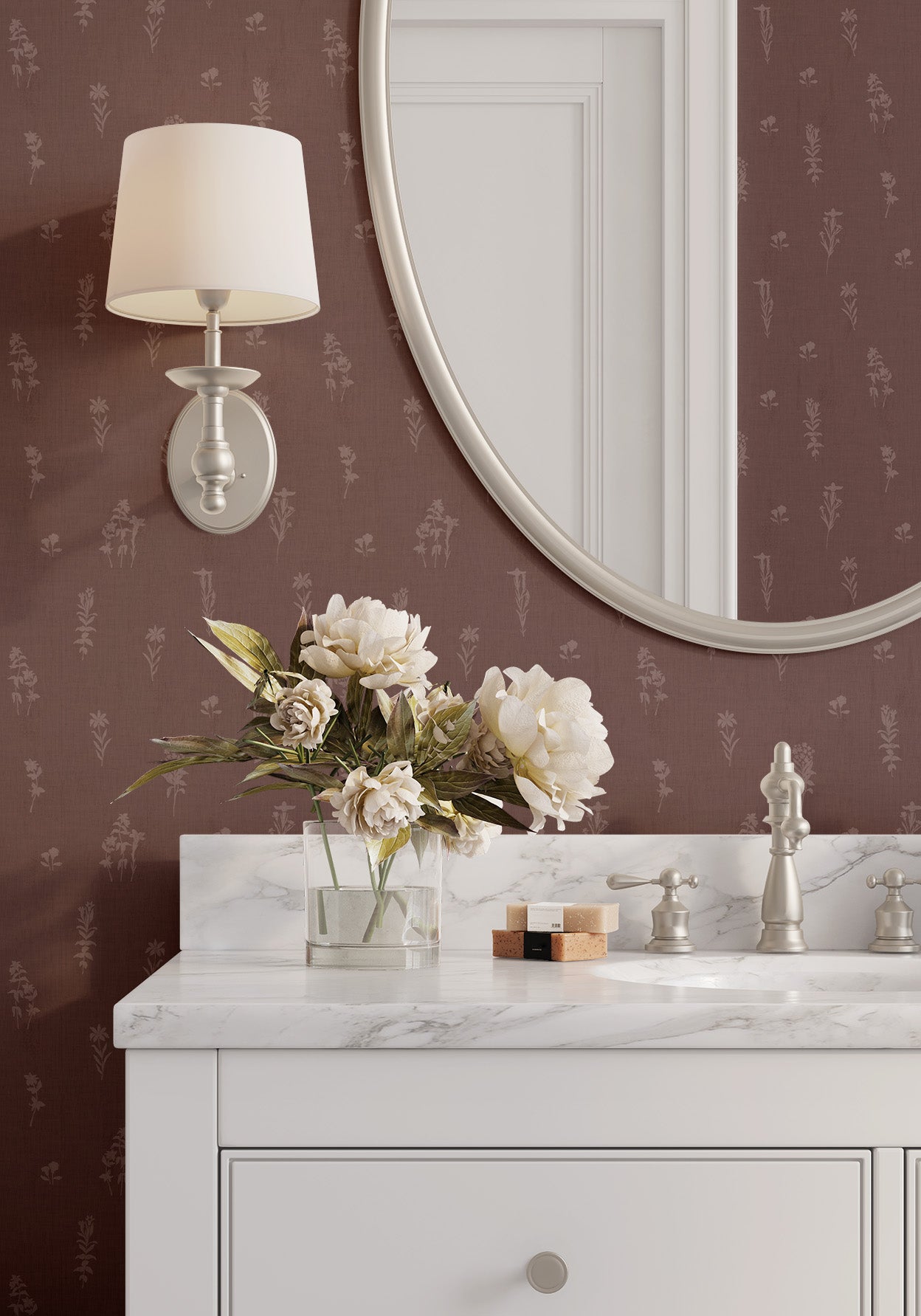 Preview of Alpine Wildflowers Wallpaper in Dusty Rose in a bathroom.