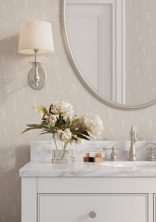 Preview of Alpine Wildflowers Wallpaper in Neutral in a bathroom.