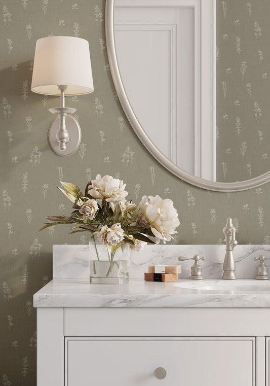 Preview of Alpine Wildflowers Wallpaper in Sage in a bathroom.